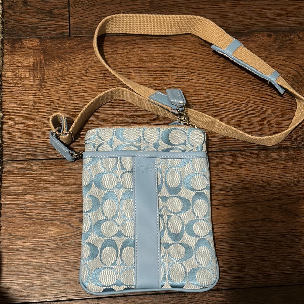 Coach Signature Swing Stripe Light Blue Crossbody Bag (Circa 2006)